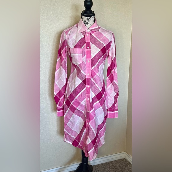 Victorias Secret Brand Moda International Pink Plaid 100Linen Shirt Dress Size 2 - Picture 1 of 8